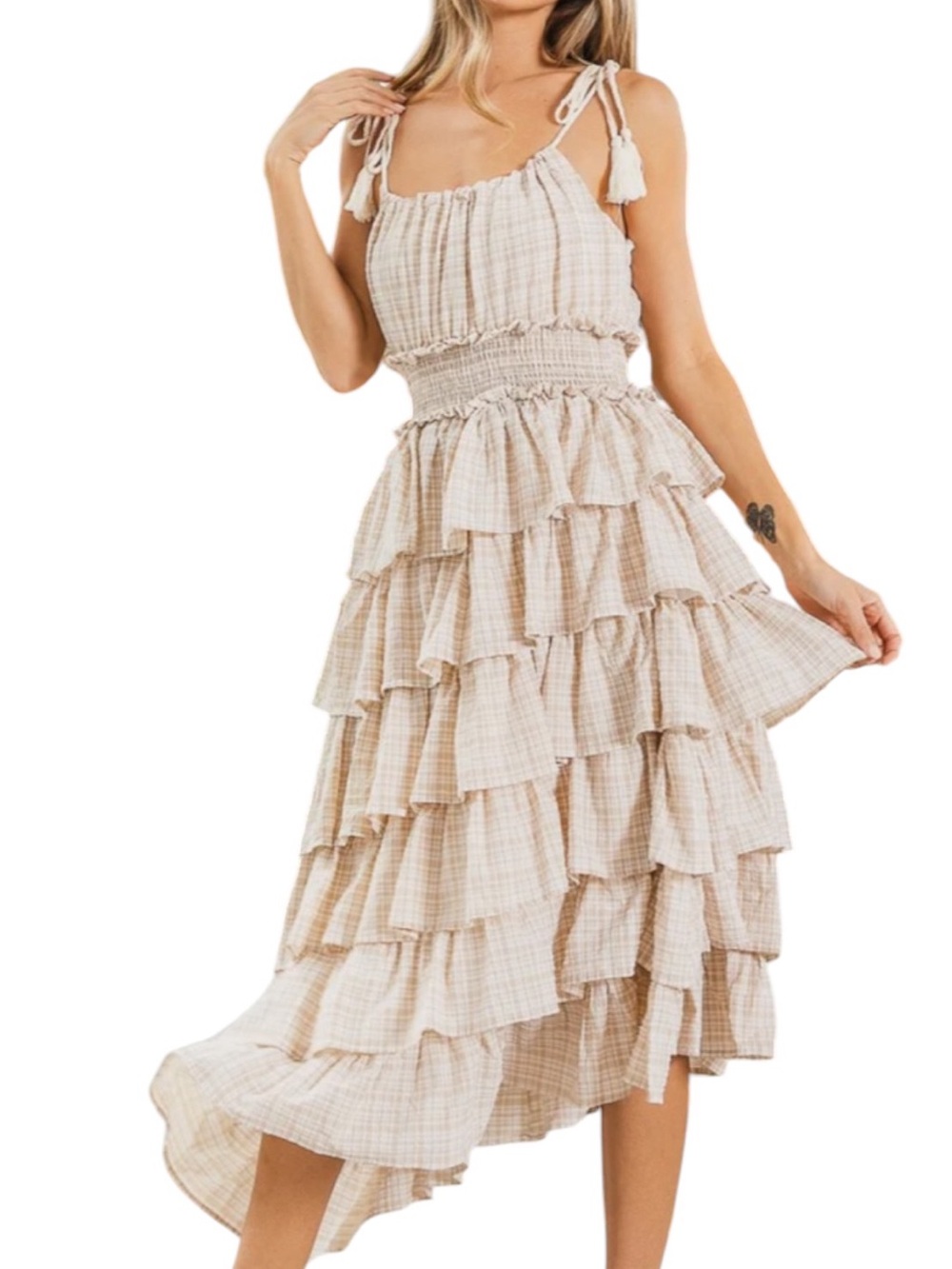 BiBi Plaid Oatmeal Crinkled Tiered Adjustable Strap MIDI Dress